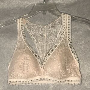 Victoria's Secret Bralette Medium Ivory Lace over tan Padded Racerback EUC